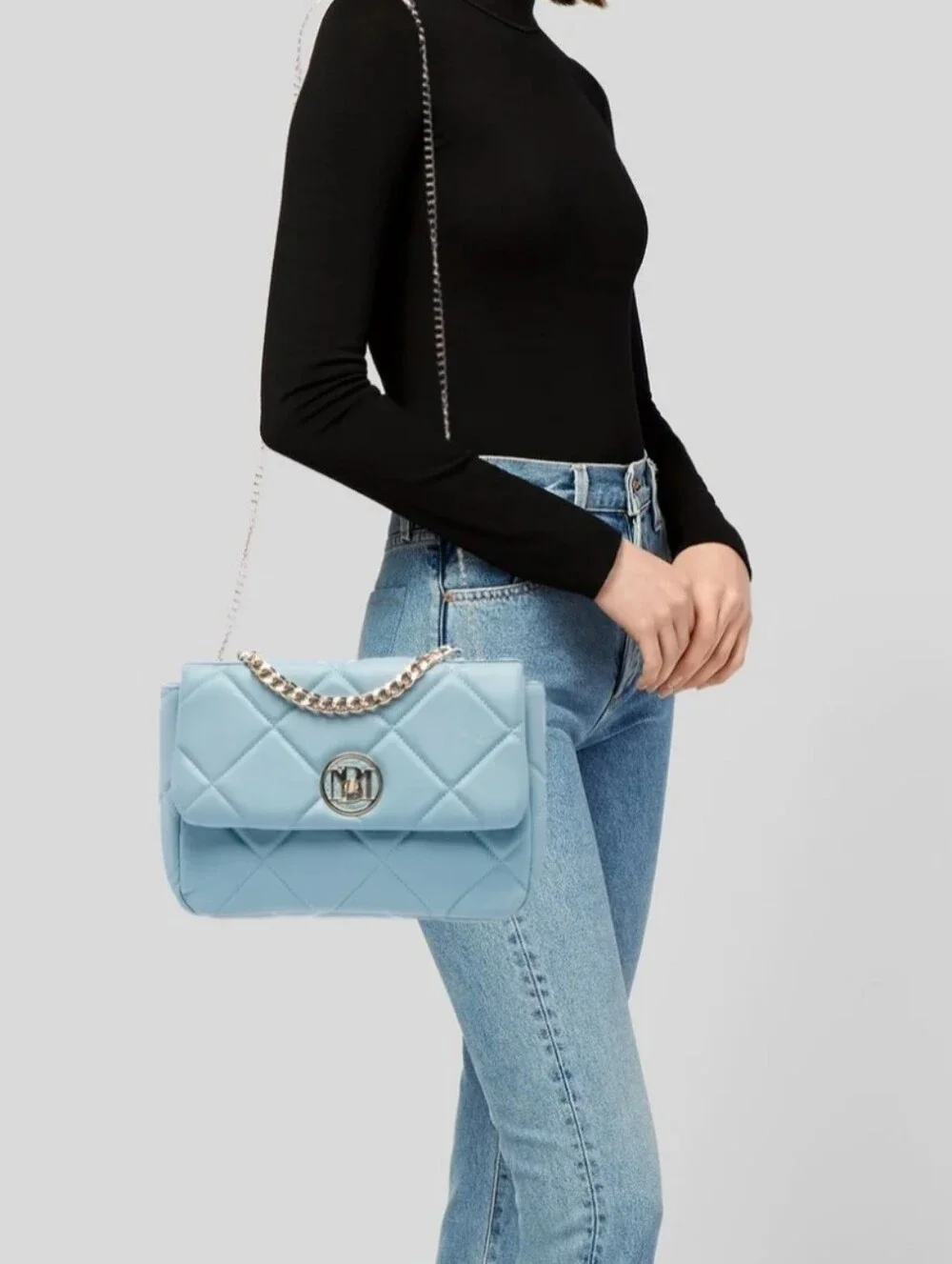 Badgley Mischka Quilted Light Blue Satchel with Gold Chain -EUC
